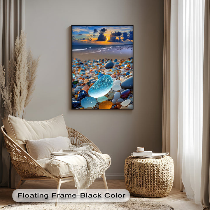The visual rhythm of the vibrant sea glass pebbles transitions gracefully into a serene coastal sunset, showcased beautifully as canvas art.