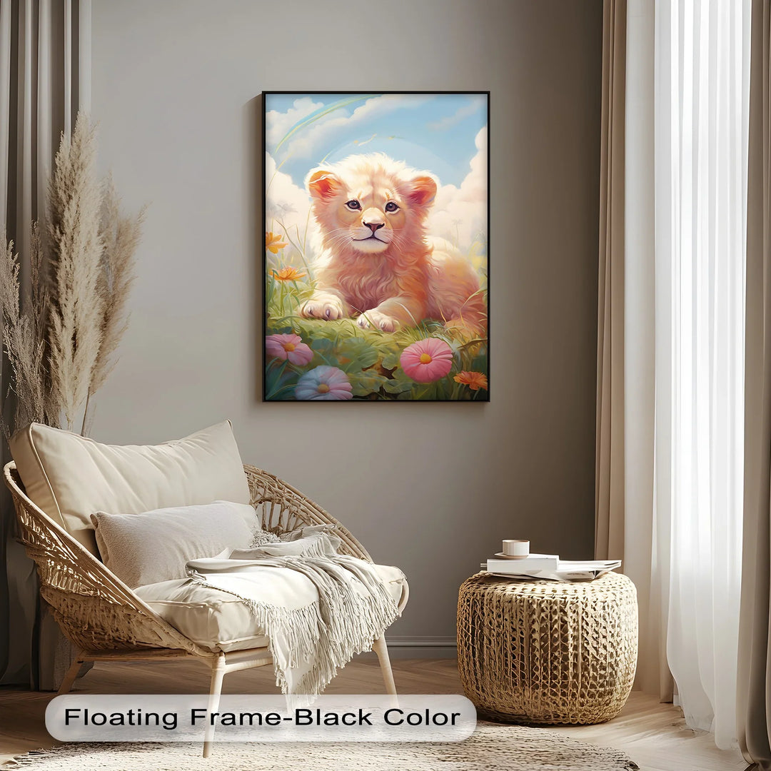 Innocent Majesty – Baby Lion Cub in Blooming Field Animal Canvas Print - MyPhotoStation