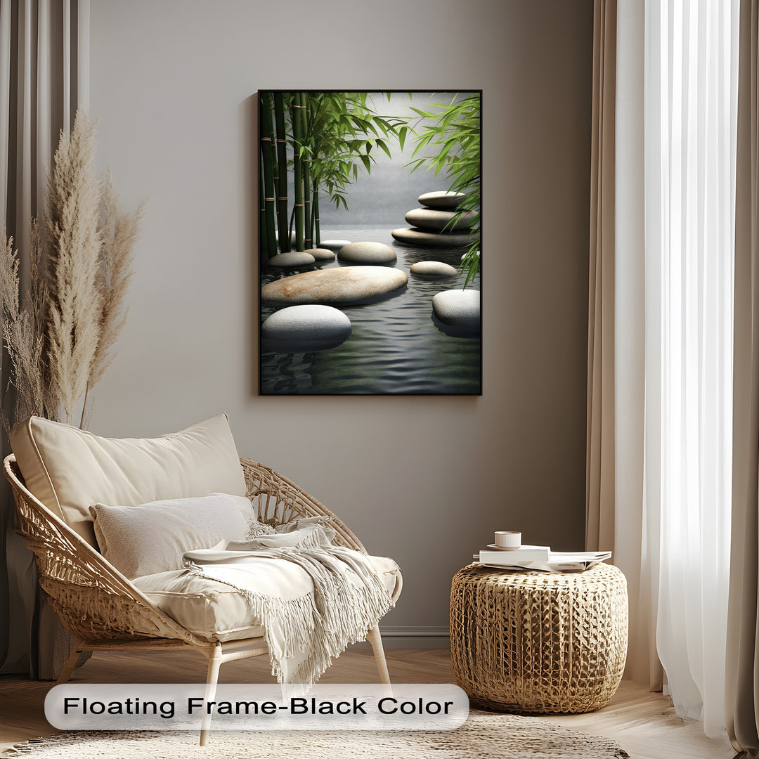 The darkest area highlights the sleek black frame enclosing bamboo zen canvas pictures, showing deep shadows in the tranquil water.
