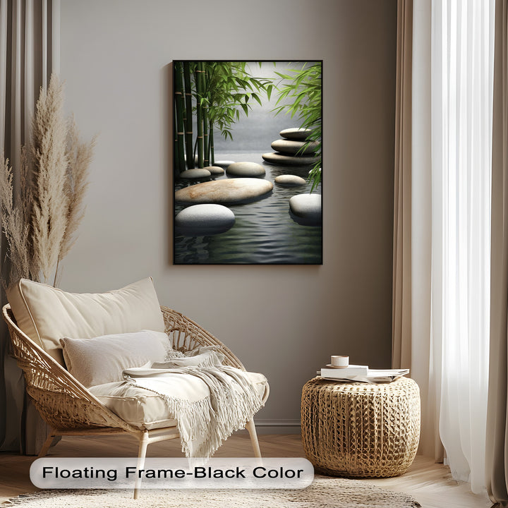 The darkest area highlights the sleek black frame enclosing bamboo zen canvas pictures, showing deep shadows in the tranquil water.