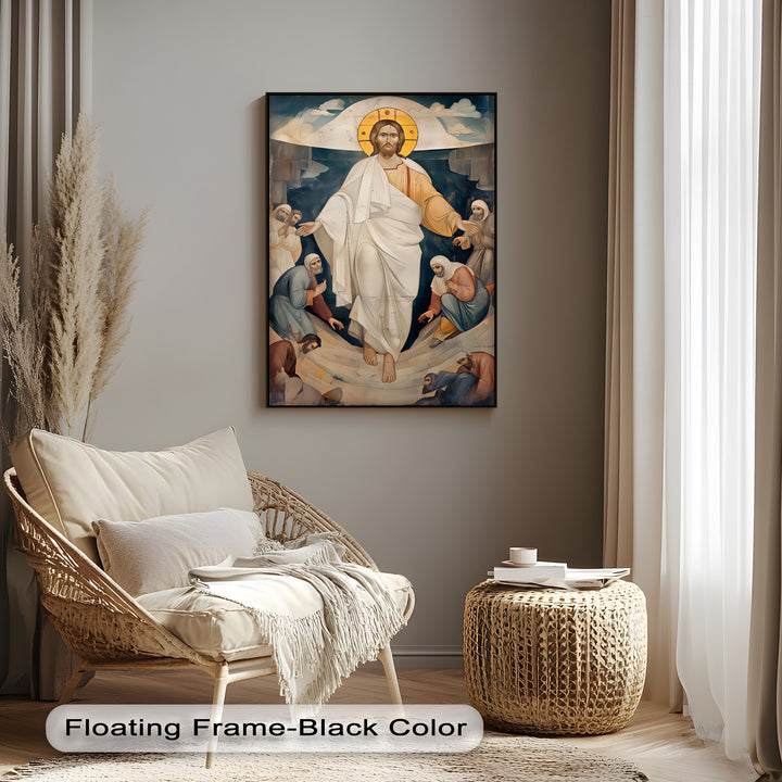 The subtle transition between the dark, earthly hues and the ethereal blues and golds beautifully illuminates the Resurrection of Christ canvas wall decor.