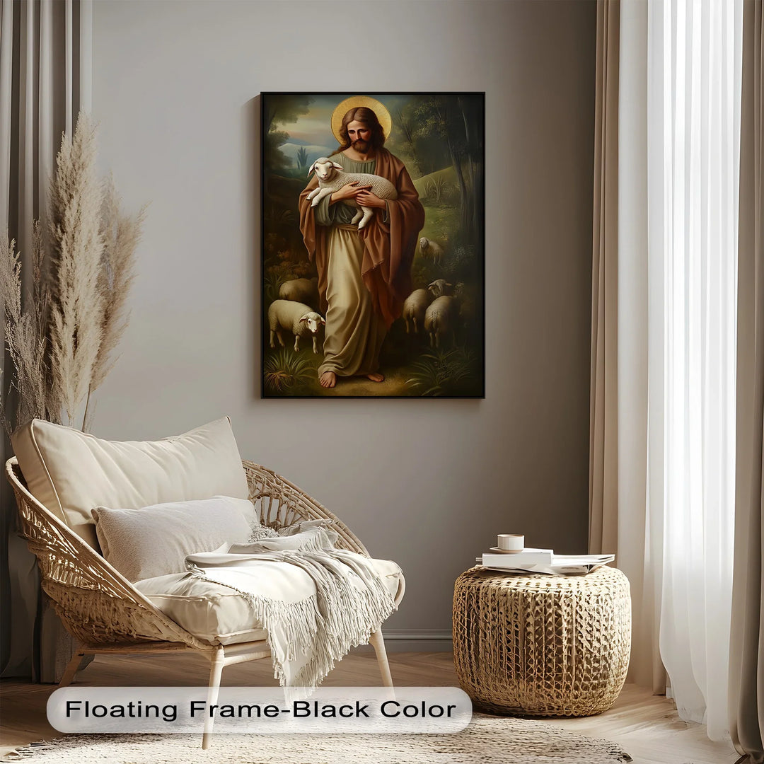 Bring sacred calm into your home with this pastoral canvas painting of Jesus and lambs.

