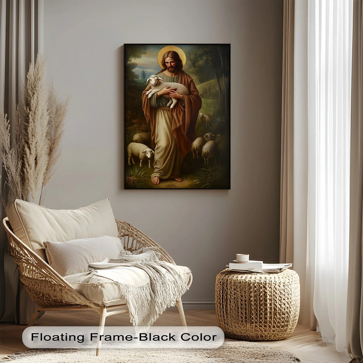 Bring sacred calm into your home with this pastoral canvas painting of Jesus and lambs.

