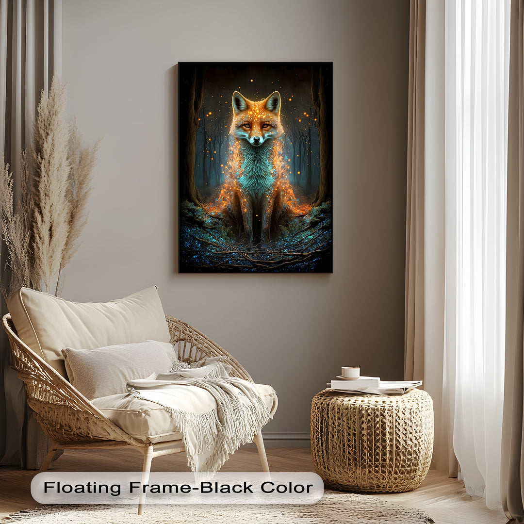 The striking color saturation of this mystic fox canvas wall art illuminates a vivid glowing fox amidst an enchanted dark forest.
