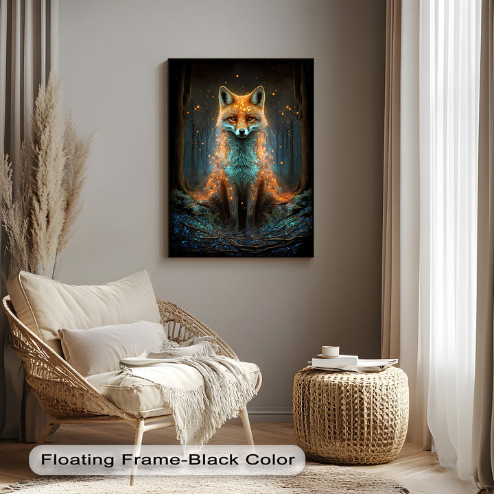 The striking color saturation of this mystic fox canvas wall art illuminates a vivid glowing fox amidst an enchanted dark forest.