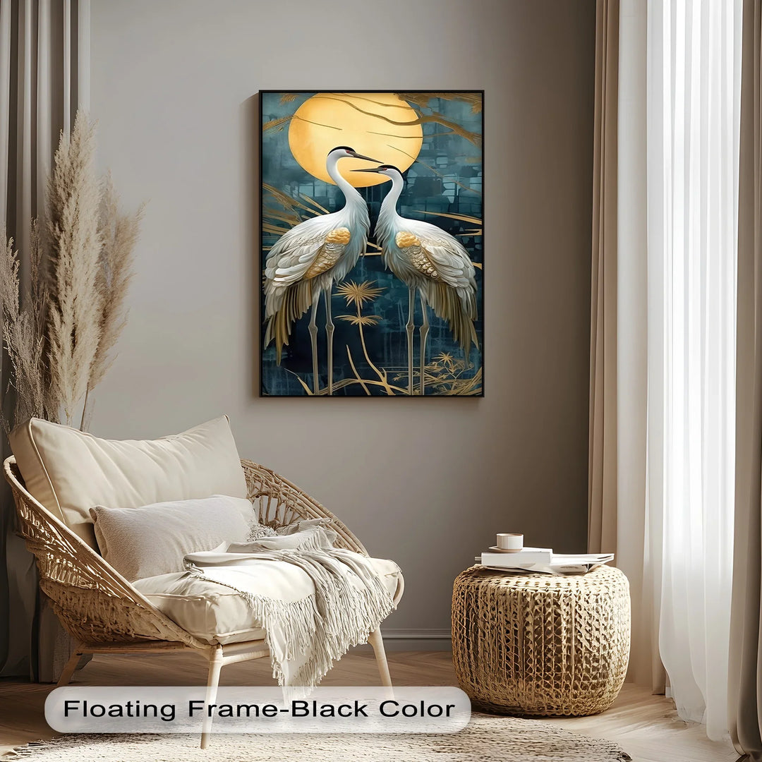Moonlit Elegance – Golden Cranes Under Full Moon Canvas Print - MyPhotoStation