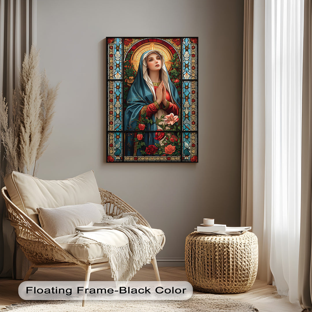 Realistic detail on this religious floral canvas art showcases the Virgin Mary praying, adorned with vibrant roses and intricate stained glass.