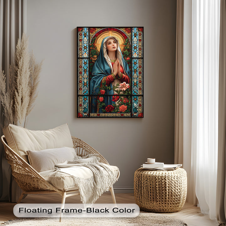Realistic detail on this religious floral canvas art showcases the Virgin Mary praying, adorned with vibrant roses and intricate stained glass.
