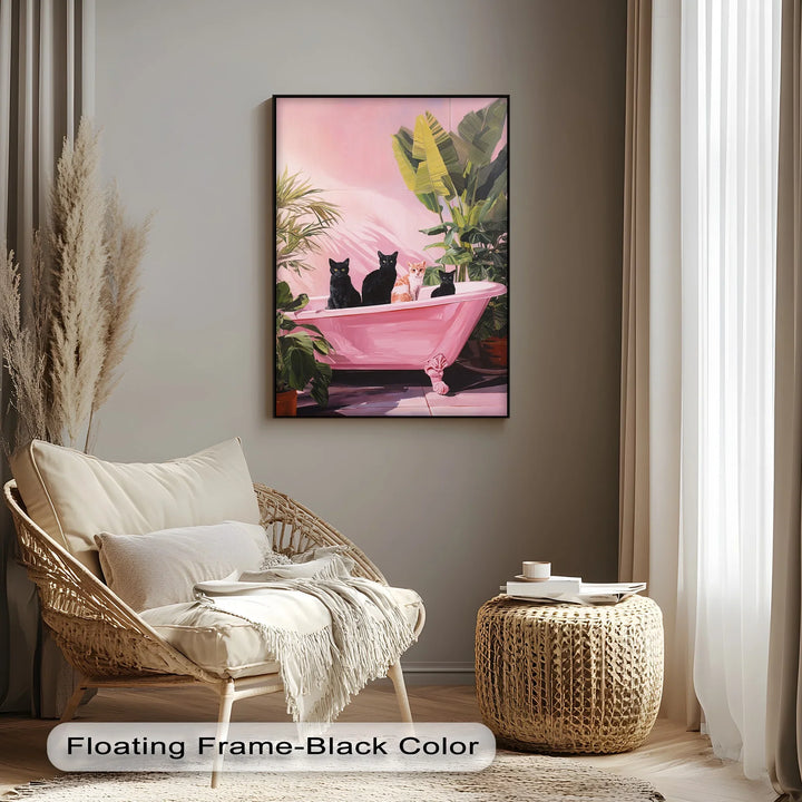 Four Cats in a Pink Bathtub – Playful Botanical Canvas Print - MyPhotoStation
