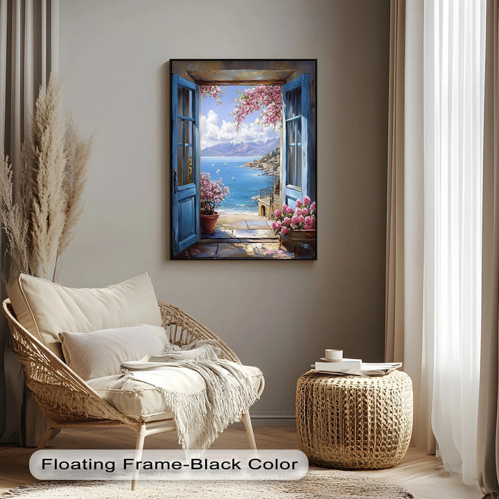 Mediterranean View – Open Window with Coastal Seascape Canvas Print - MyPhotoStation