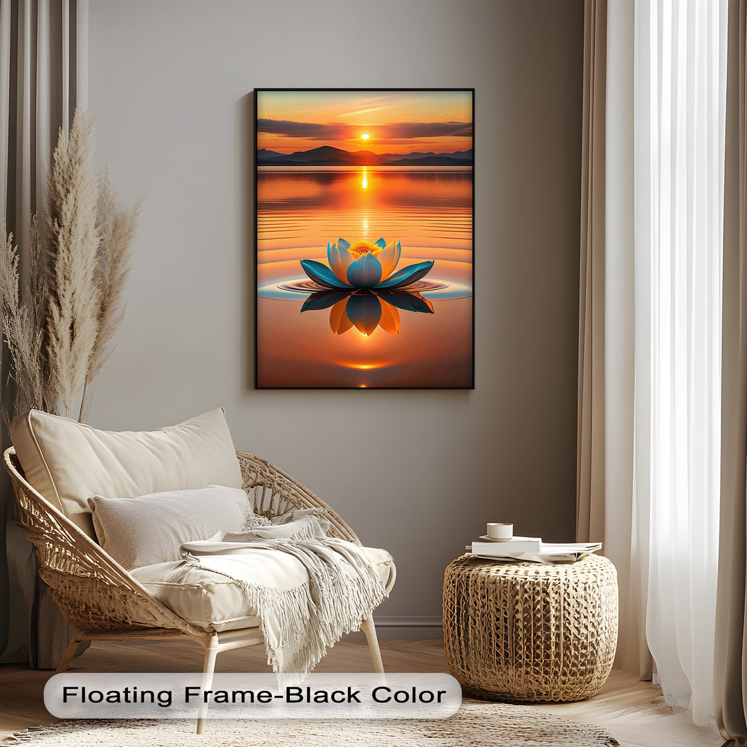 Showcasing a beautiful layering effect, this peaceful sunset lotus canvas wall art features a vibrant flower in its elegant black frame.