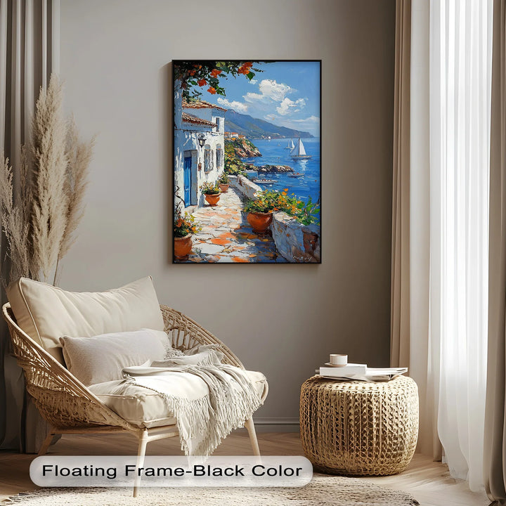 Mediterranean Stroll – Seaside Village Path with Blue Door Canvas Print - MyPhotoStation