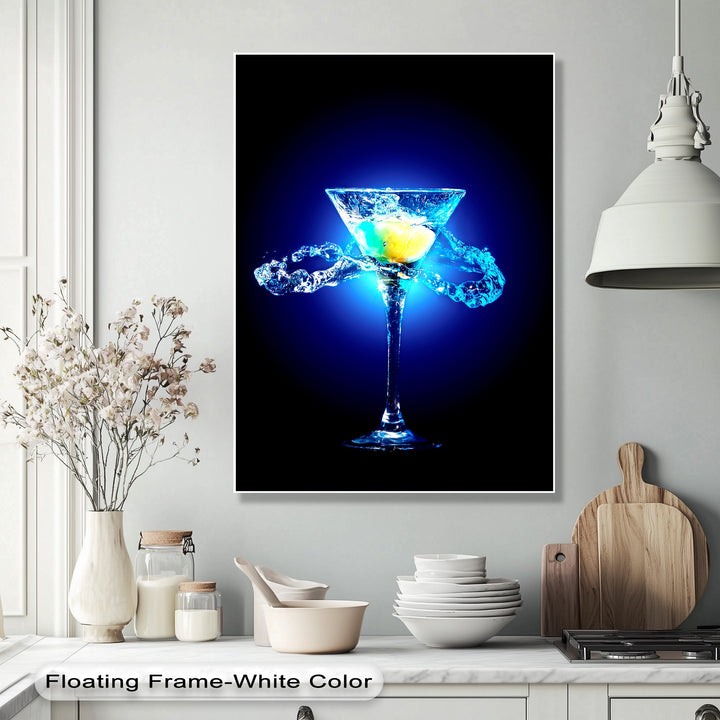 The vibrant color saturation of this best canvas prints highlights a glowing blue martini with lively water splashes, perfect neon cocktail bar wall art.