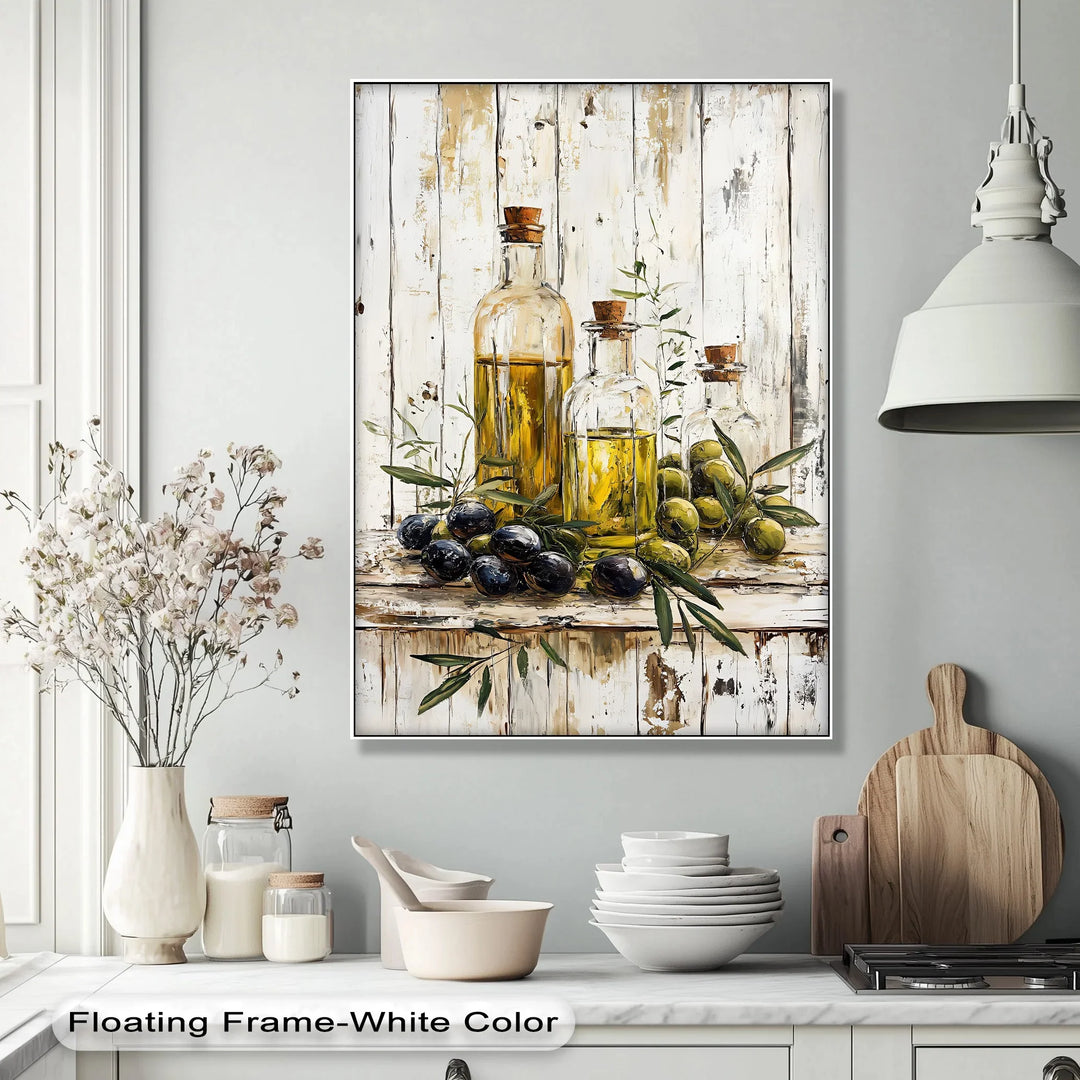 Golden Harvest – Olive Oil Bottles Rustic Kitchen Canvas Print - MyPhotoStation