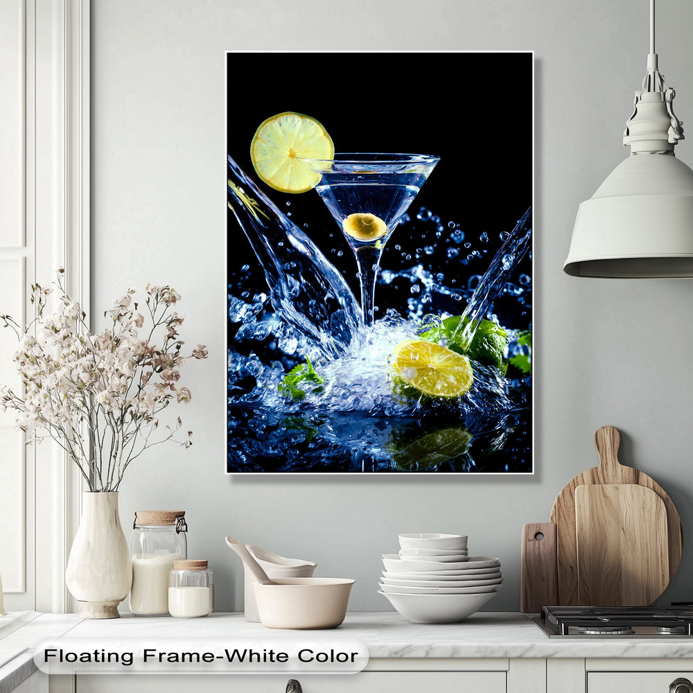 Organic forms of splashing water, a bright lemon, and mint leaves create a fresh cocktail scene as striking canvas wall art.