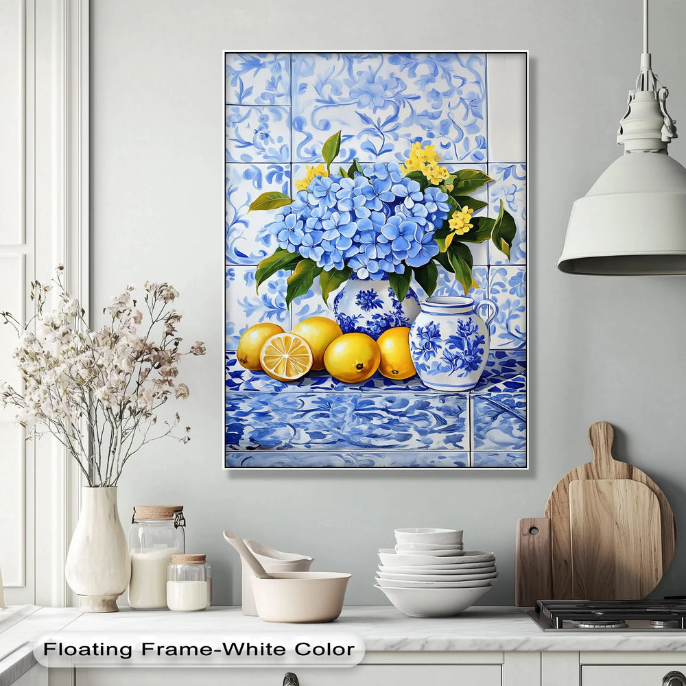 Lemon & Hydrangea Harmony – Blue Tile Floral Kitchen Canvas Print - MyPhotoStation