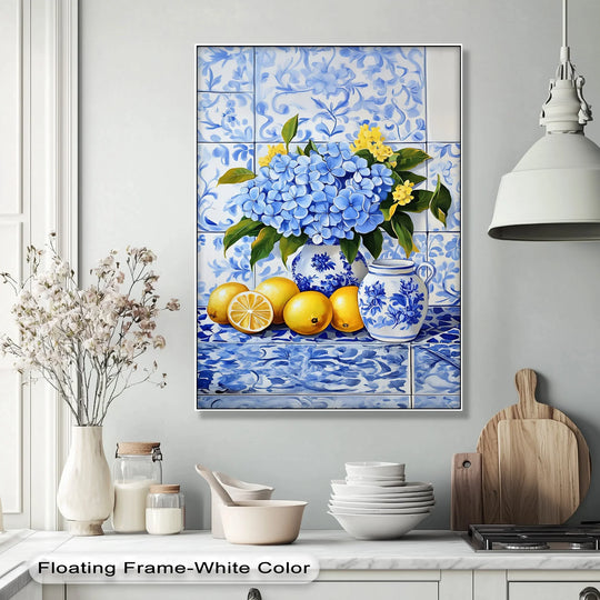 Vertical Lemon & Hydrangea Harmony kitchen art is displayed as a unique canvas print with a rectangular shape showcasing a blue tile floral design.