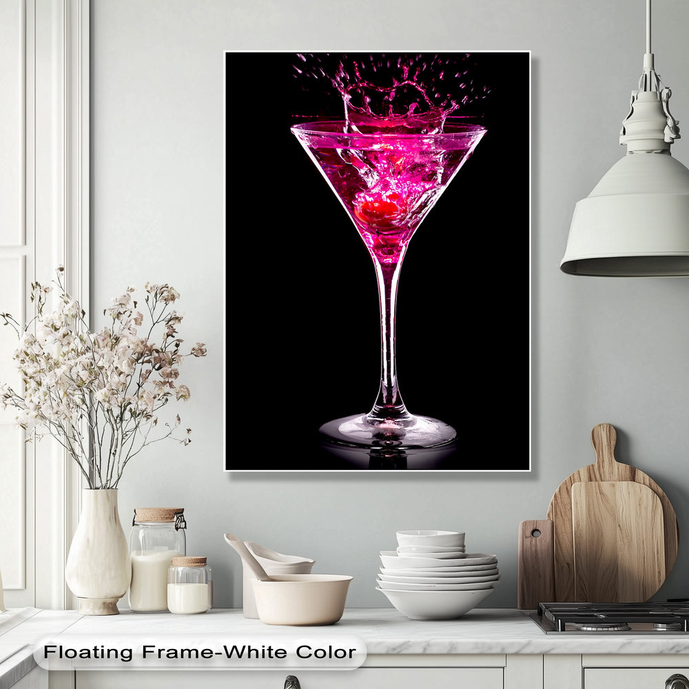 The striking black negative space highlights a vibrant pink martini with a dramatic splash, making it a captivating piece for canvas pictures.