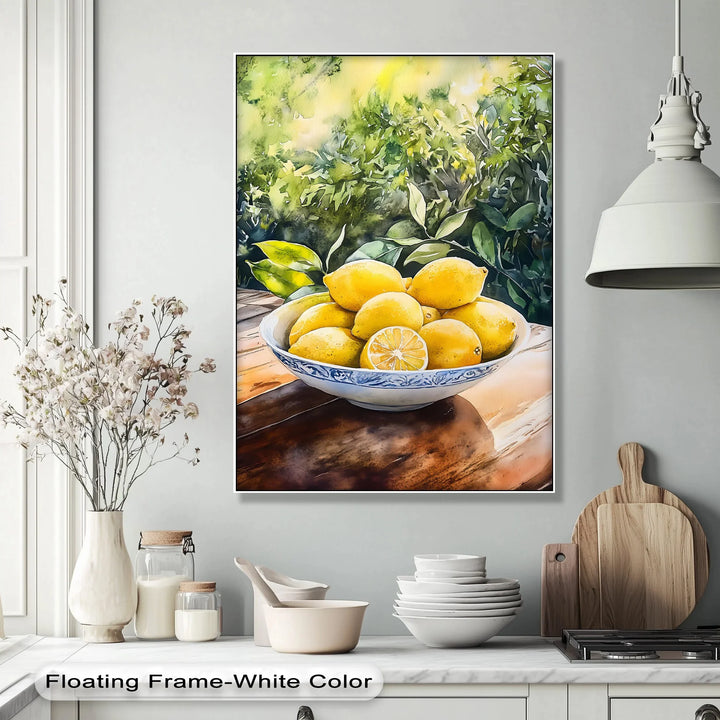 Sunlit Lemons in Porcelain Bowl – Mediterranean Kitchen Canvas Print - MyPhotoStation