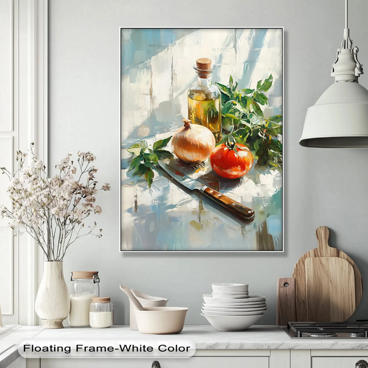 Rustic Kitchen Essentials – Tomato, Onion & Olive Oil Still Life Canvas Print - MyPhotoStation