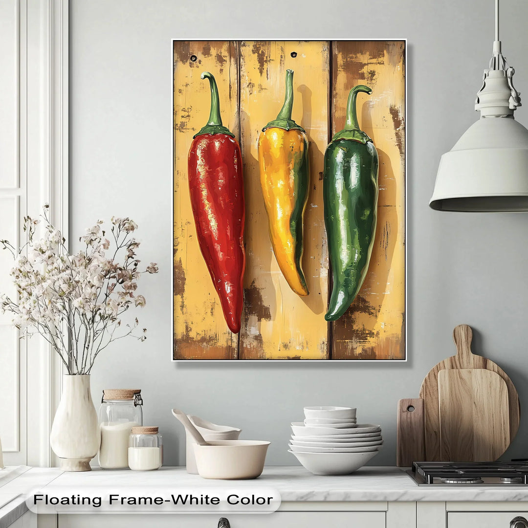 Spicy Trio – Rustic Red, Yellow & Green Peppers Kitchen Canvas Print - MyPhotoStation