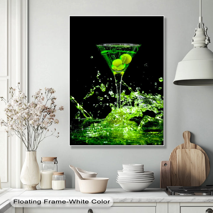 Geometric forms: a martini glass and liquid splashes, define this vibrant green canvas picture with olives, ideal for neon bar wall art.