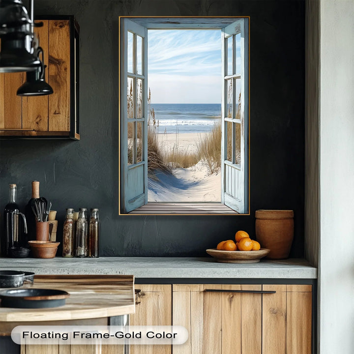 Ocean Breeze View – Open Window Beach Scene Kitchen Canvas Print - MyPhotoStation