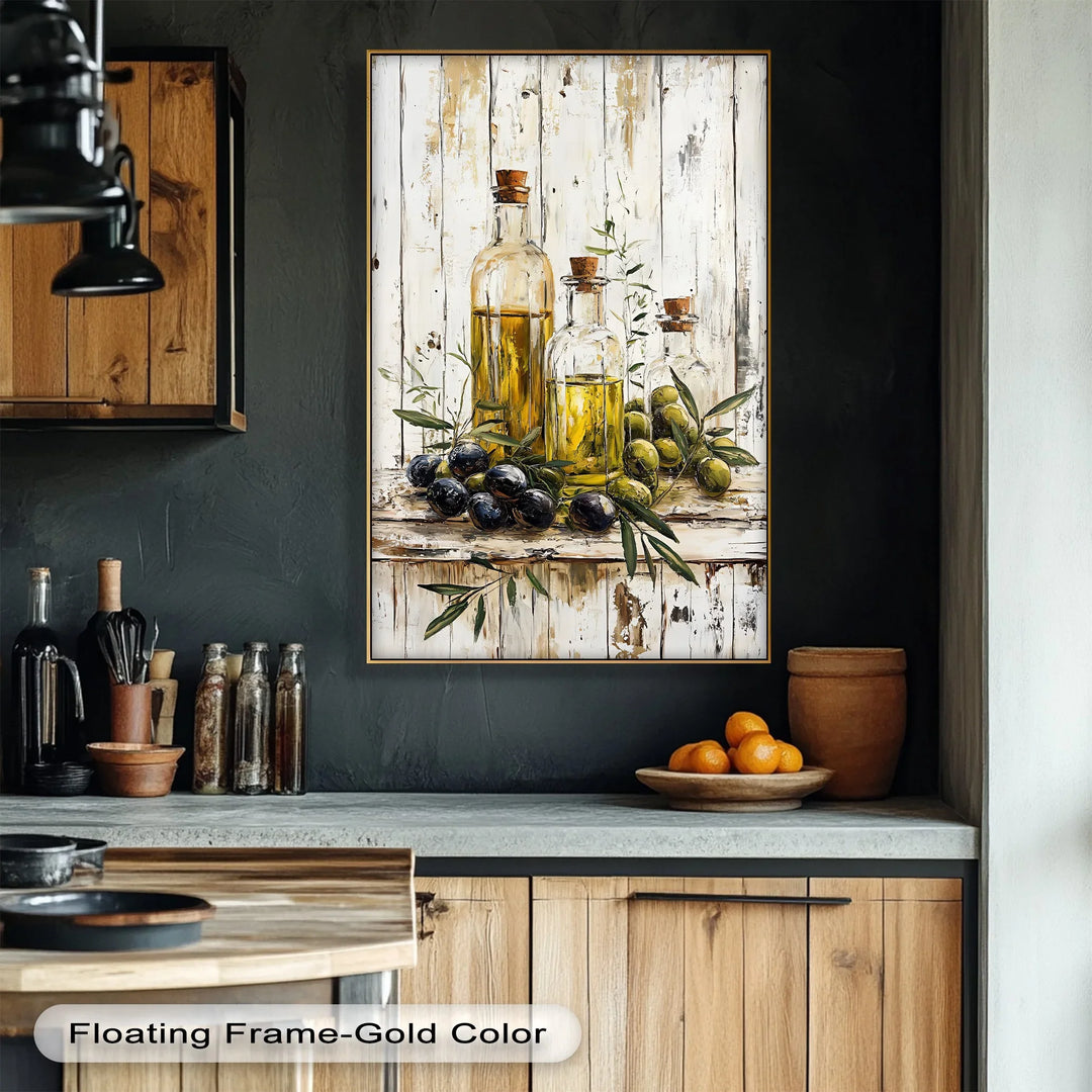 Golden Harvest – Olive Oil Bottles Rustic Kitchen Canvas Print - MyPhotoStation