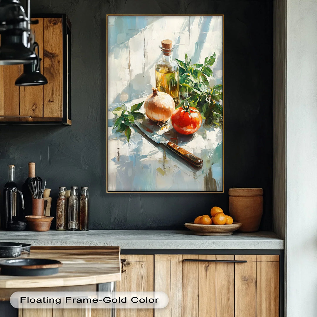 Rustic Kitchen Essentials – Tomato, Onion & Olive Oil Still Life Canvas Print - MyPhotoStation