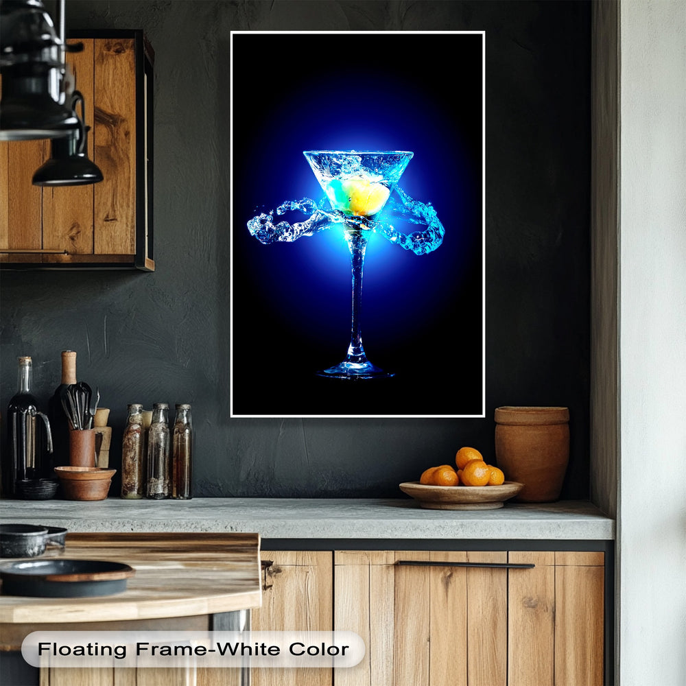 The textured surface of this canvas wall art reveals intricate splashes around a glowing blue martini with a lemon, set against a deep indigo backdrop.