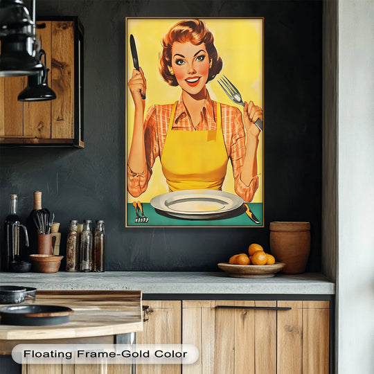 Highlighting the organic forms of a retro kitchen lady, this canvas print features premium canvas decor with soft edges and a vintage charm.