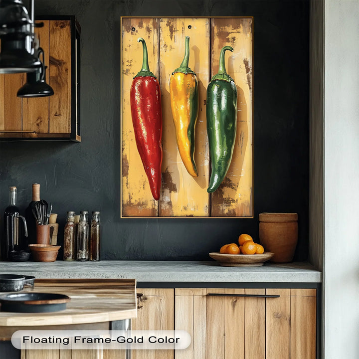 Spicy Trio – Rustic Red, Yellow & Green Peppers Kitchen Canvas Print - MyPhotoStation