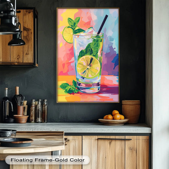 The mint splash of the mojito cocktail canvas print conveys a unique canvas print radiating movement from the ice, citrus, and fresh mint within the glass.