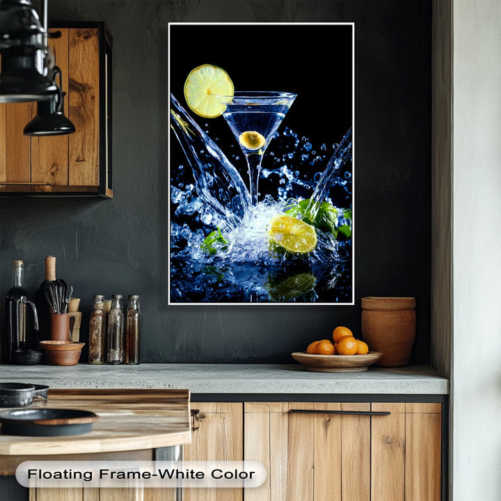 The realistic detail in this dynamic canvas wall art showcases a vibrant lemon martini glass with water violently splashing on a dark background.