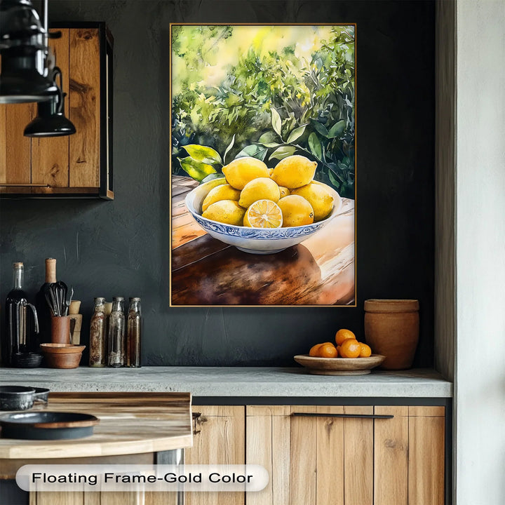 Sunlit Lemons in Porcelain Bowl – Mediterranean Kitchen Canvas Print - MyPhotoStation