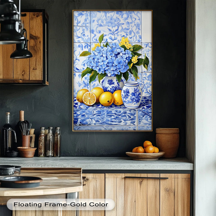 Lemon & Hydrangea Harmony – Blue Tile Floral Kitchen Canvas Print - MyPhotoStation