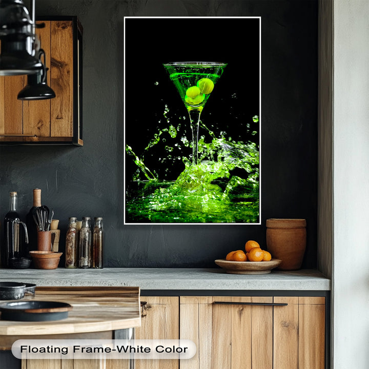 A sleek, vertically oriented rectangular premium canvas decor displays a vibrant green martini glass with olives and a dynamic splash.