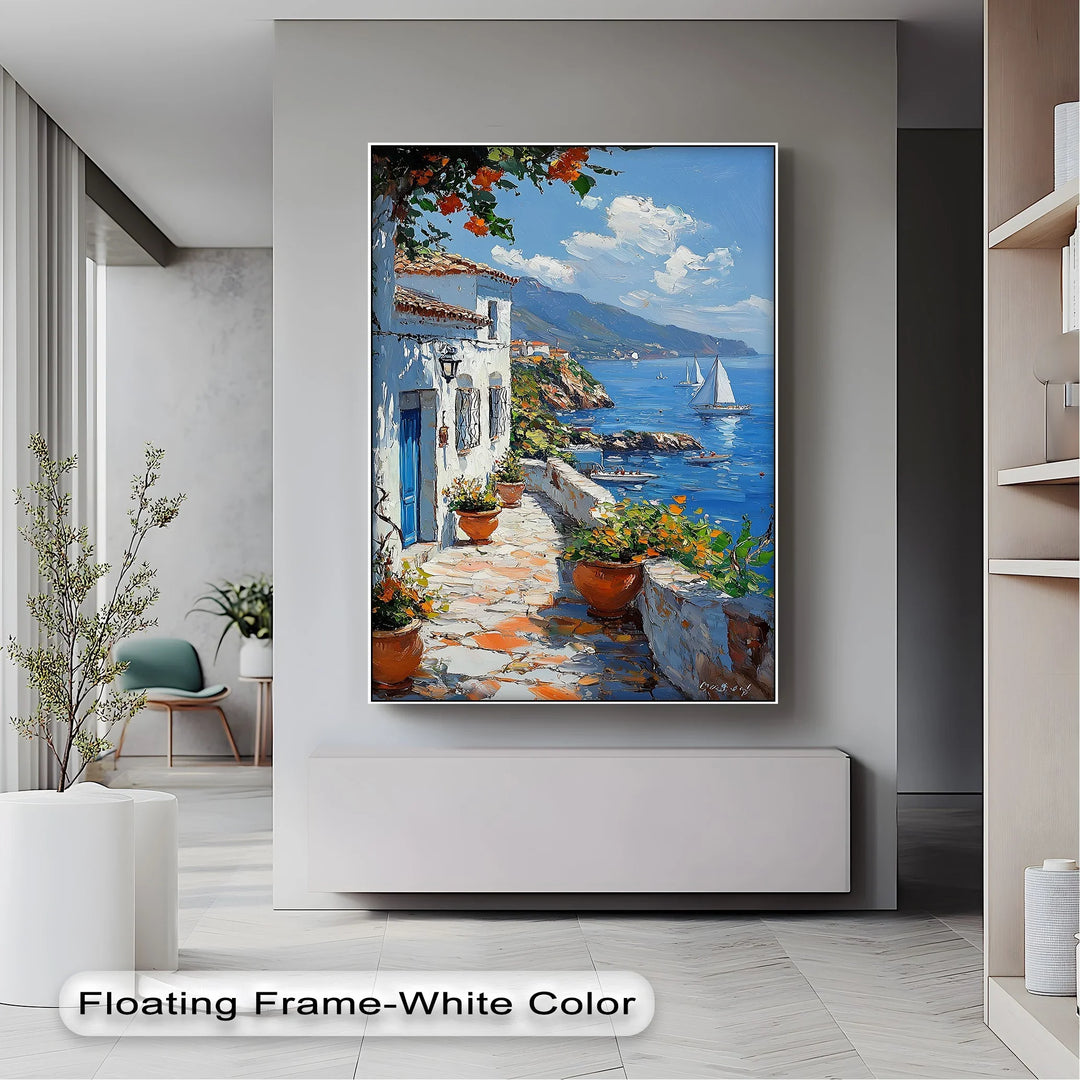 Mediterranean Stroll – Seaside Village Path with Blue Door Canvas Print - MyPhotoStation