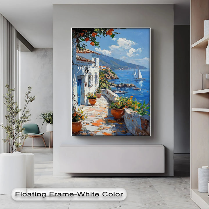 Mediterranean Stroll – Seaside Village Path with Blue Door Canvas Print - MyPhotoStation