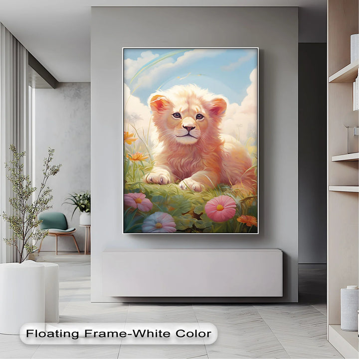 Innocent Majesty – Baby Lion Cub in Blooming Field Animal Canvas Print - MyPhotoStation