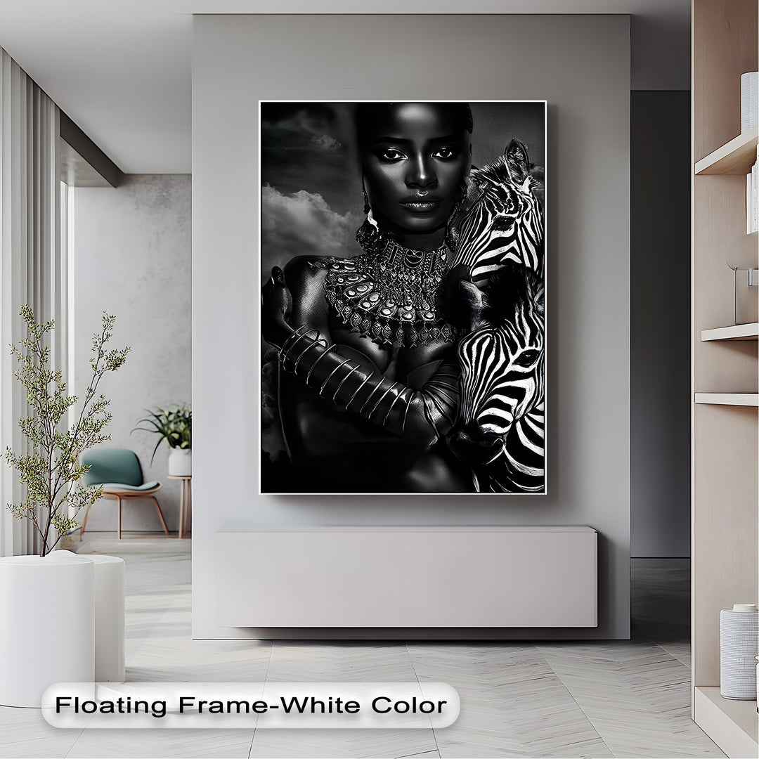 An elegant woman with intricate jewelry embracing a monochrome zebra creates a striking canvas wall decor safari portrait.