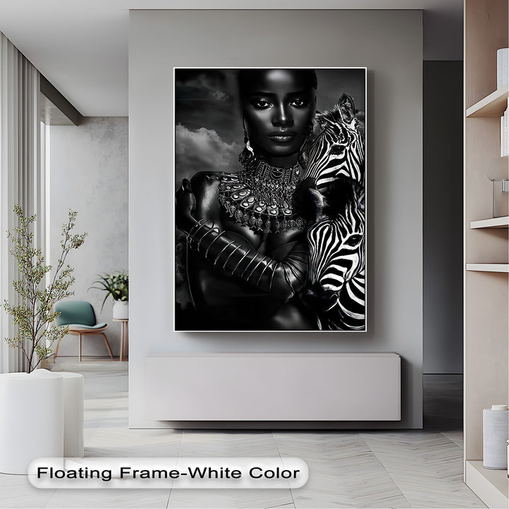 An elegant woman with intricate jewelry embracing a monochrome zebra creates a striking canvas wall decor safari portrait.