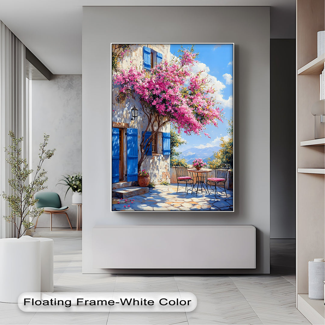 Bougainvillea Breeze – Pink Blossoms and Blue Shutters Canvas Print
