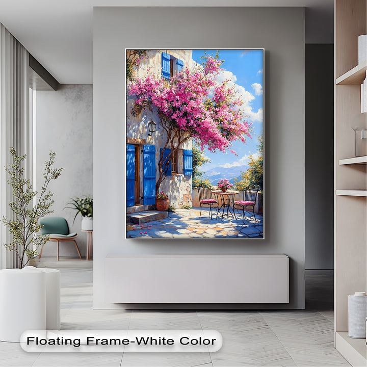 Bougainvillea Breeze – Pink Blossoms and Blue Shutters Canvas Print