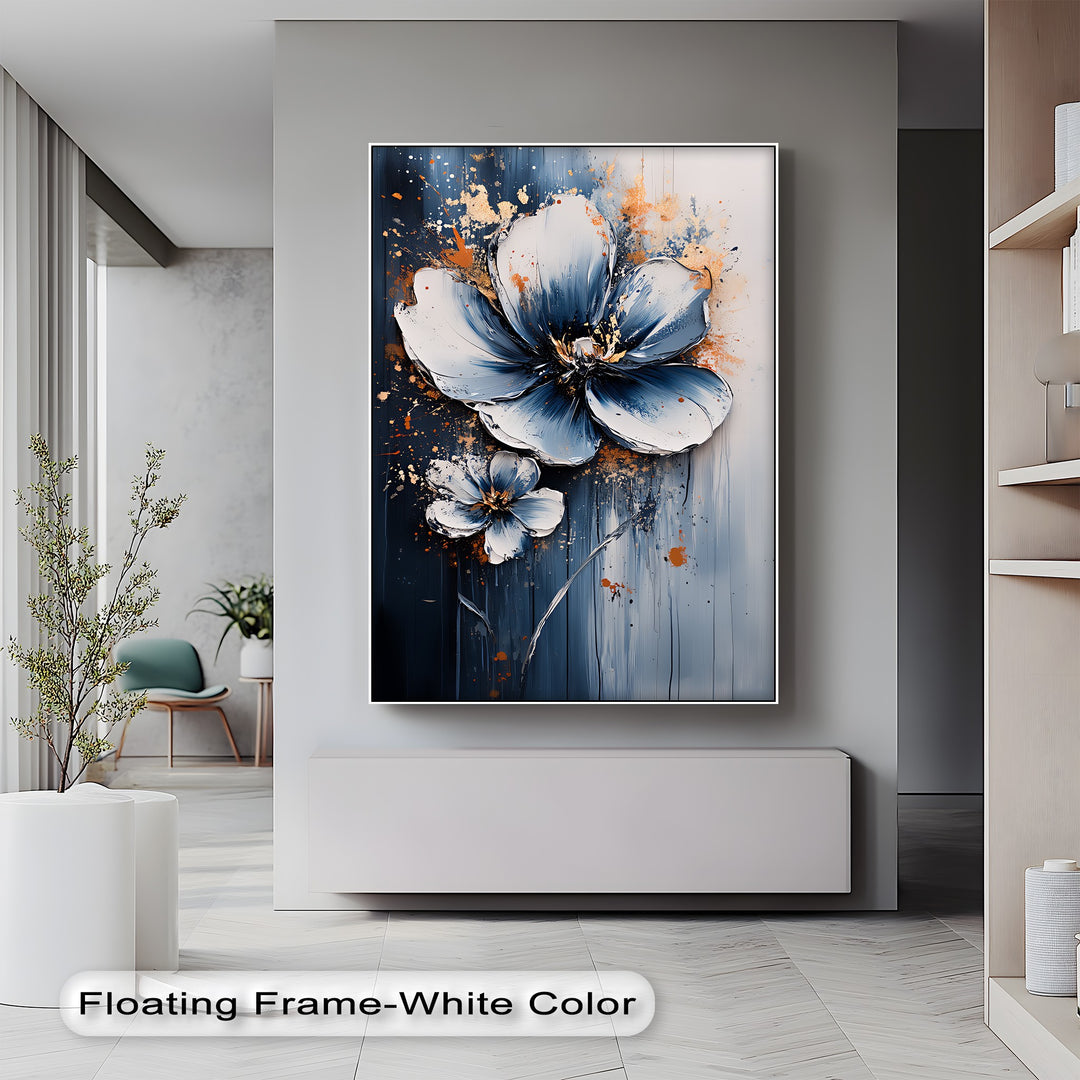 Electric Midnight Bloom – Blue and White Abstract Floral Canvas Print