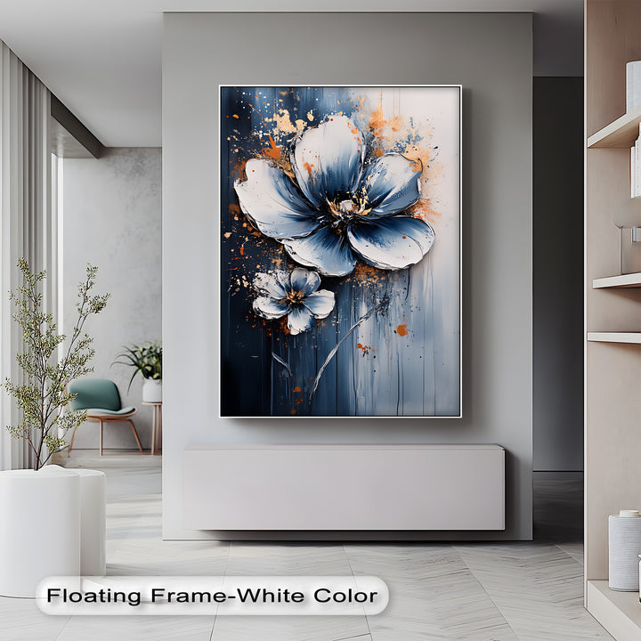 Electric Midnight Bloom – Blue and White Abstract Floral Canvas Print