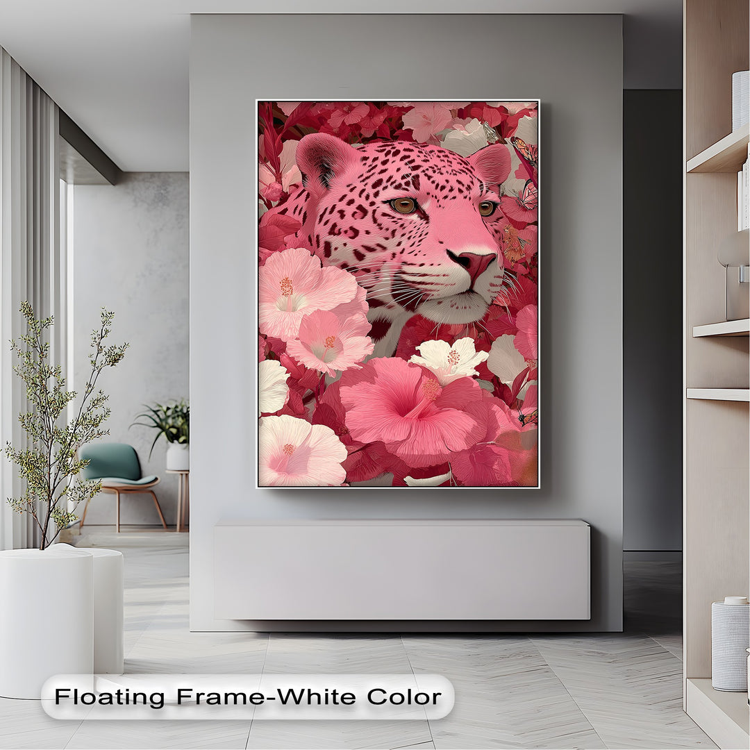 Blush Predator – Pink Leopard in Hibiscus Jungle Canvas Print