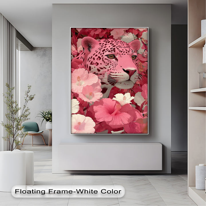 Blush Predator – Pink Leopard in Hibiscus Jungle Canvas Print