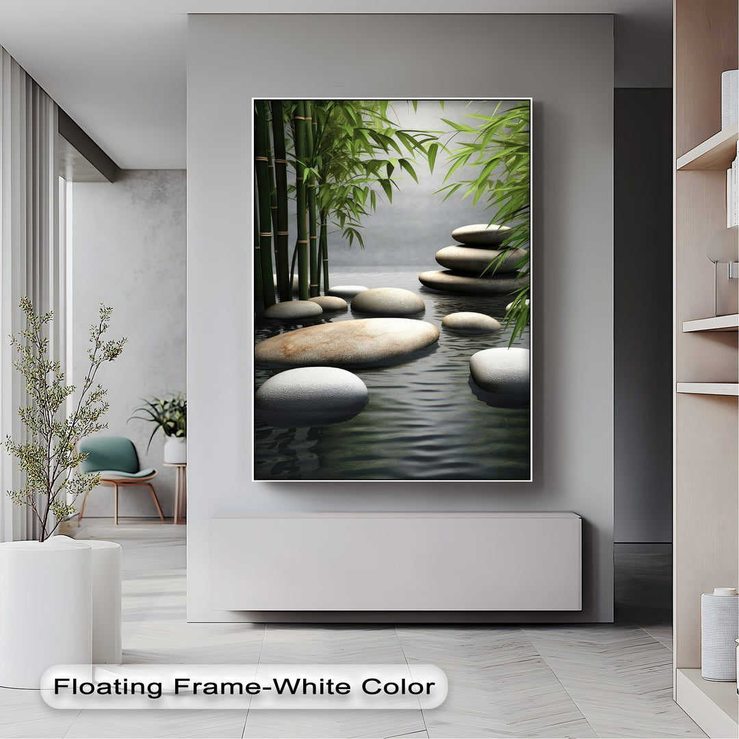 The bright, modern room background with light grey walls and minimalist furniture perfectly highlights the bamboo zen canvas art.