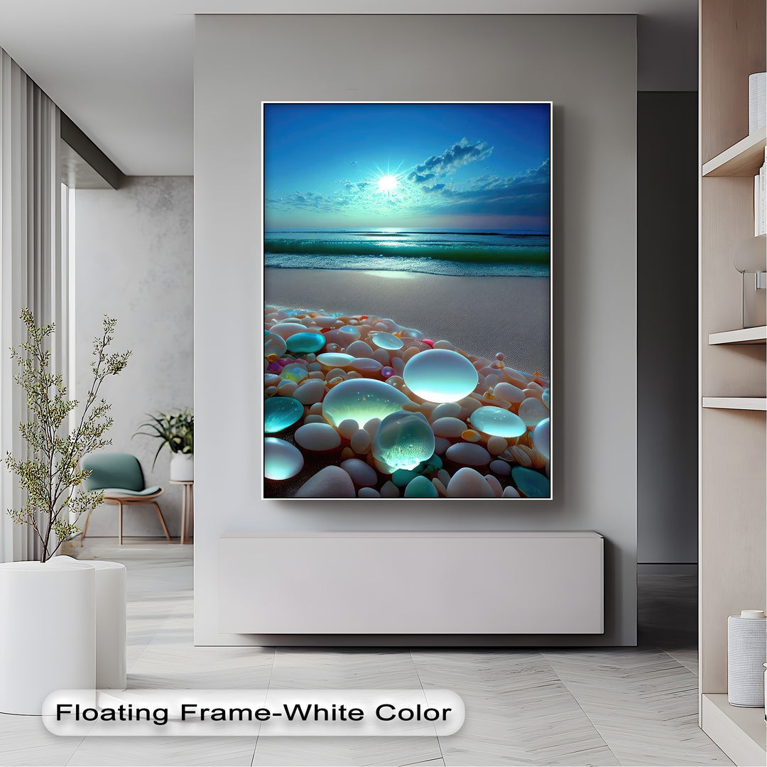 Expansive negative space of a minimalist room, with pale grey walls and simple decor, elegantly showcases the vivid glowing pebble beach canvas art.